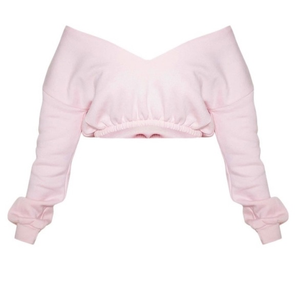 Pretty Little Thing Pastel Light Pink Off The Shoulder Crop Sweatshirt Sz Large - Picture 7 of 11